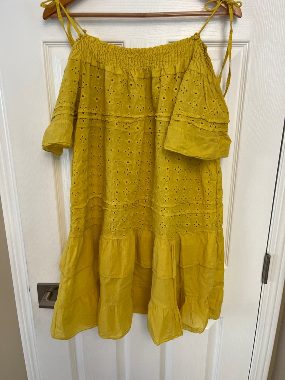 Mustard Yellow Eyelet Off-Shoulder Summer Dress.